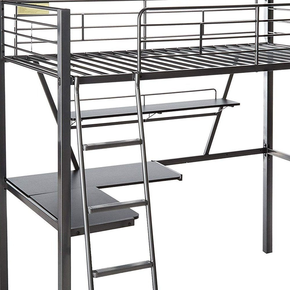 79" X 42" X 72" Silver And Black Metal Tube Loft Bed With Desk on a white background