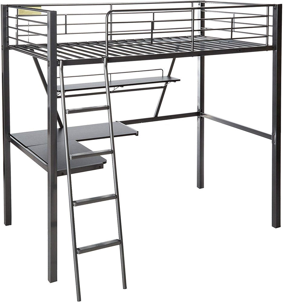 79" X 42" X 72" Silver And Black Metal Tube Loft Bed With Desk on a white background
