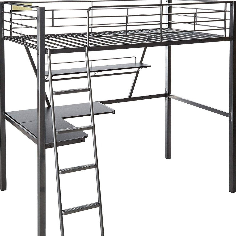 79" X 42" X 72" Silver And Black Metal Tube Loft Bed With Desk on a white background