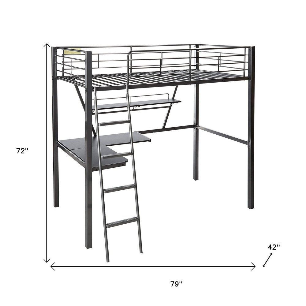 79" X 42" X 72" Silver And Black Metal Tube Loft Bed With Desk on a white background