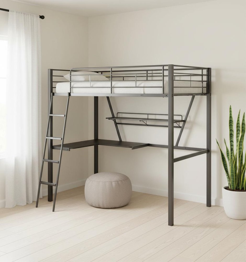 79" X 42" X 72" Silver And Black Metal Tube Loft Bed With Desk on a white background