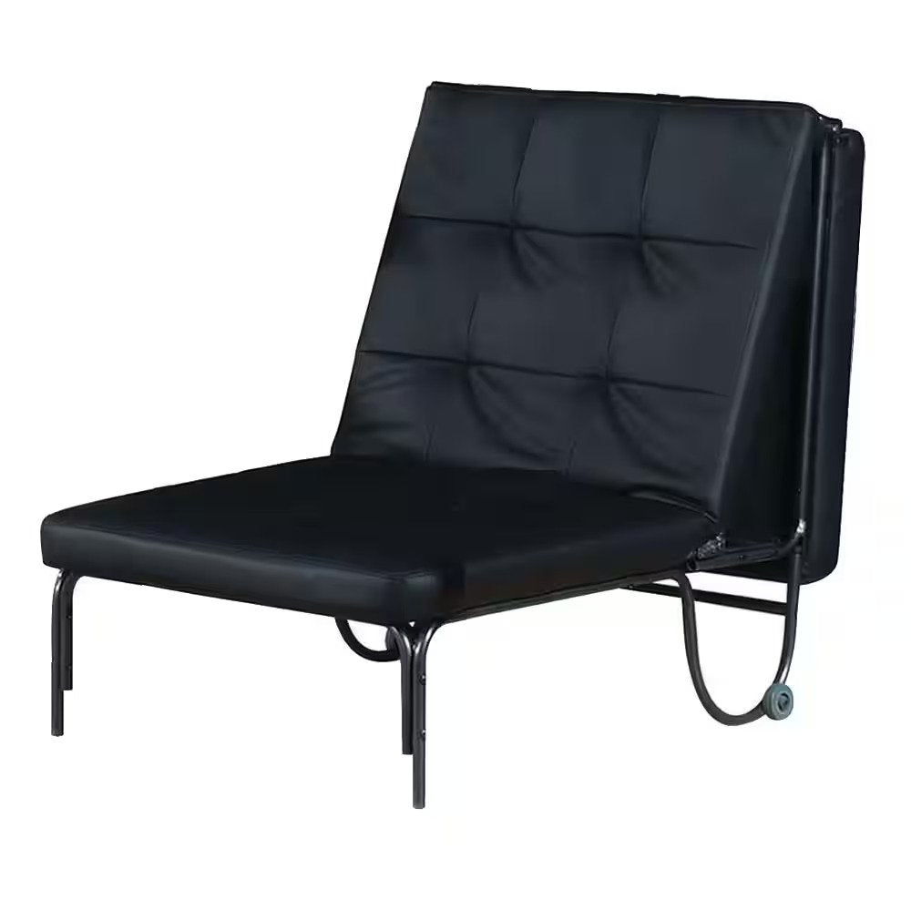 Black faux leather tufted convertible chair with metal frame and wheels on a white background.