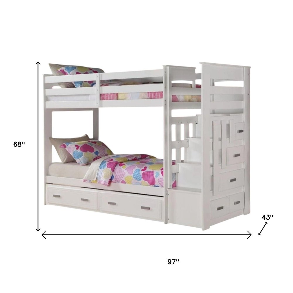 97" X 43" X 68" Twin Over Twin White Storage Ladder And Trundle Bunk Bed on a white background