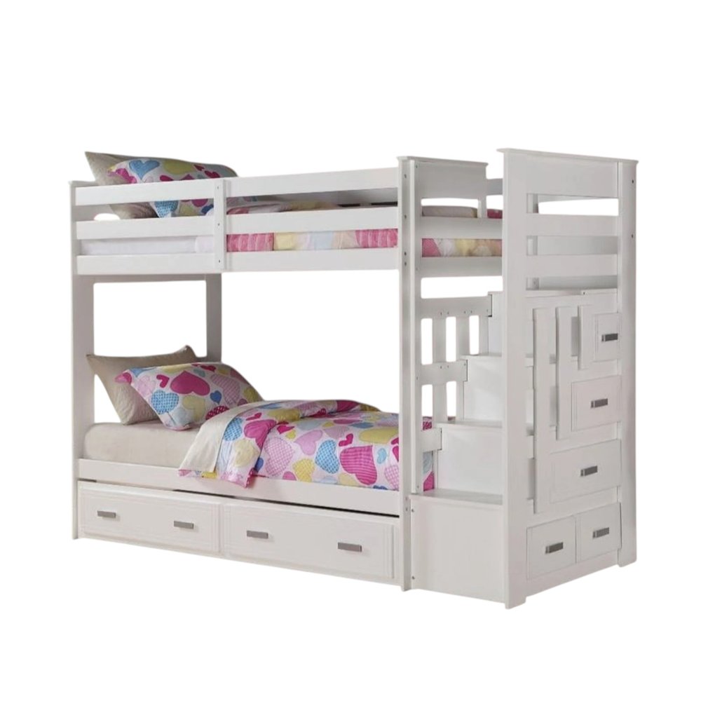 97" X 43" X 68" Twin Over Twin White Storage Ladder And Trundle Bunk Bed on a white background
