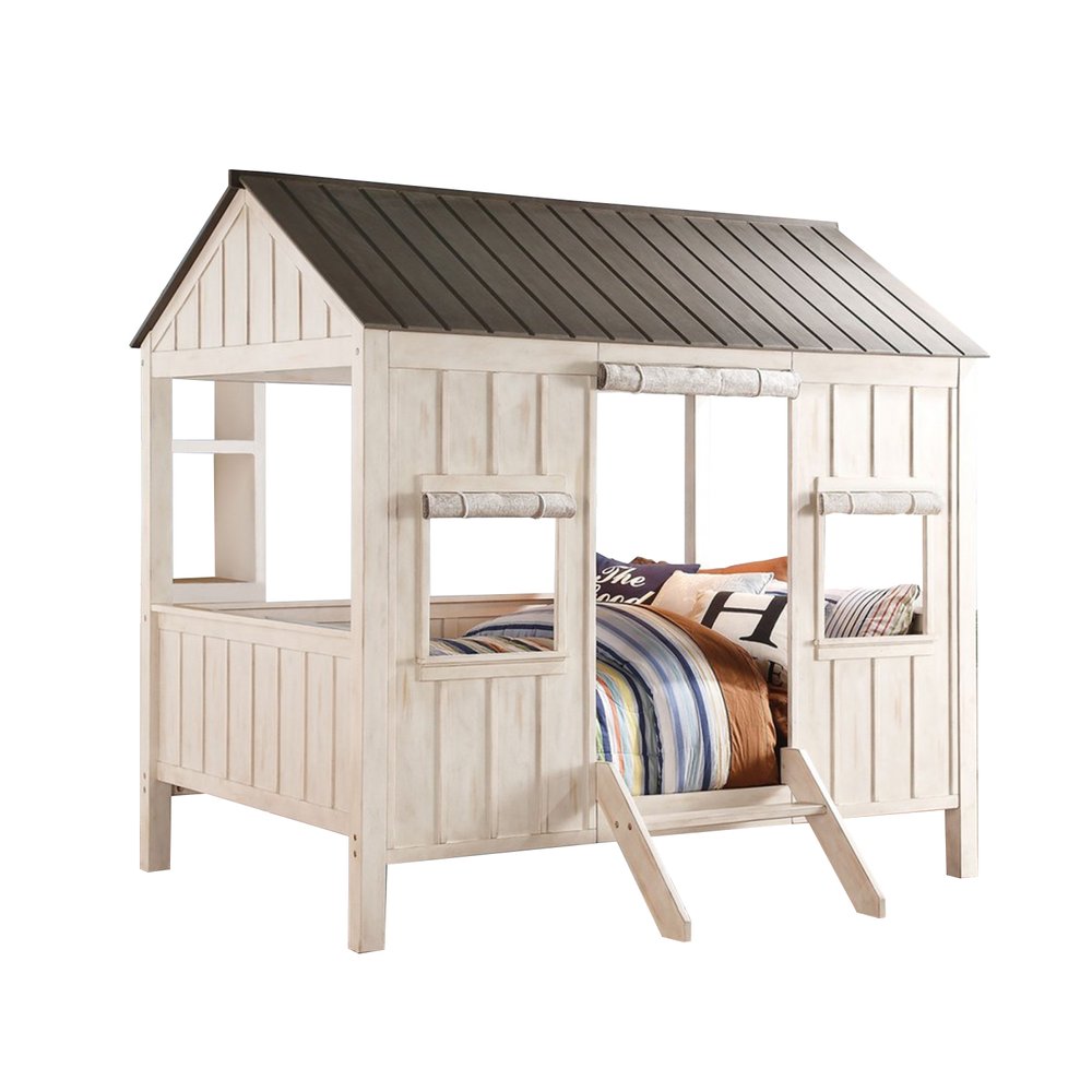 White solid wood full house bed with a dark metal roof and a ladder, set against a white background.