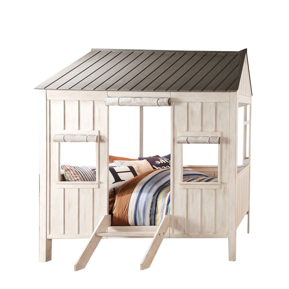 White Solid Wood Full House Bed on a white background