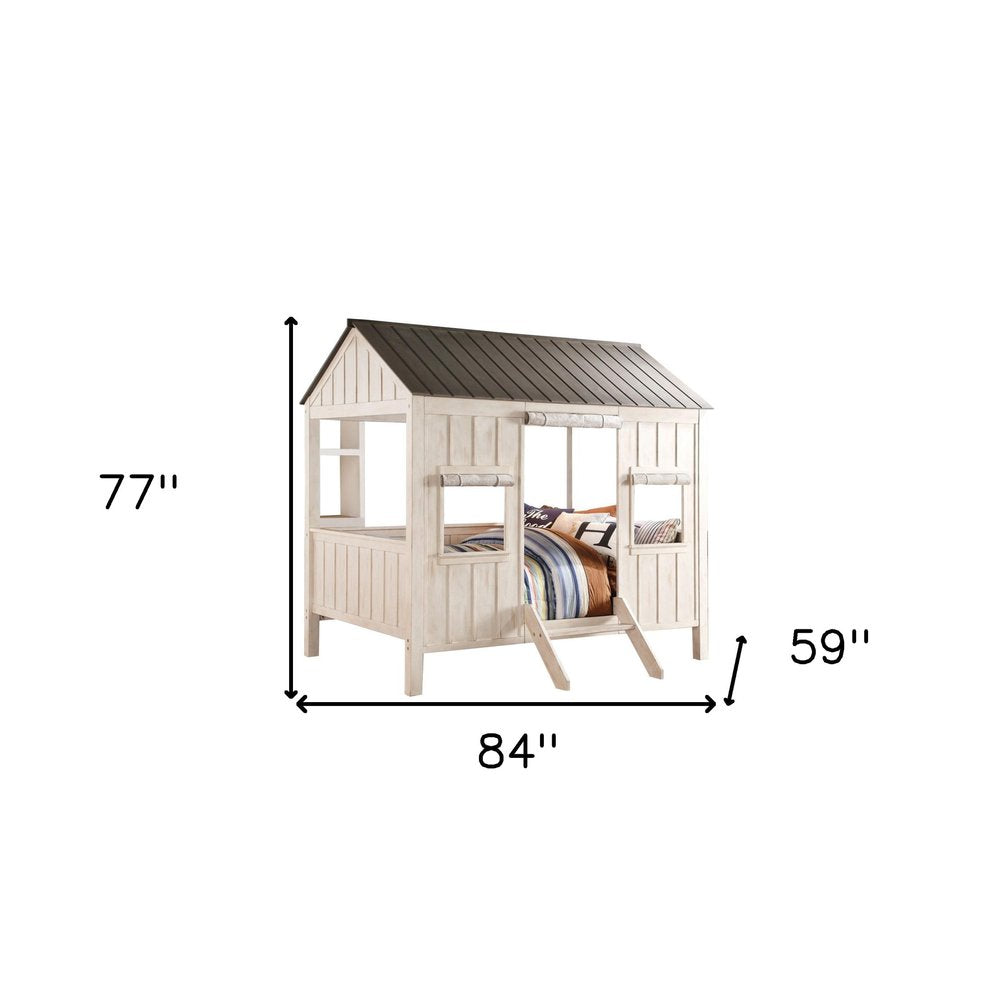 White Solid Wood Full House Bed on a white background