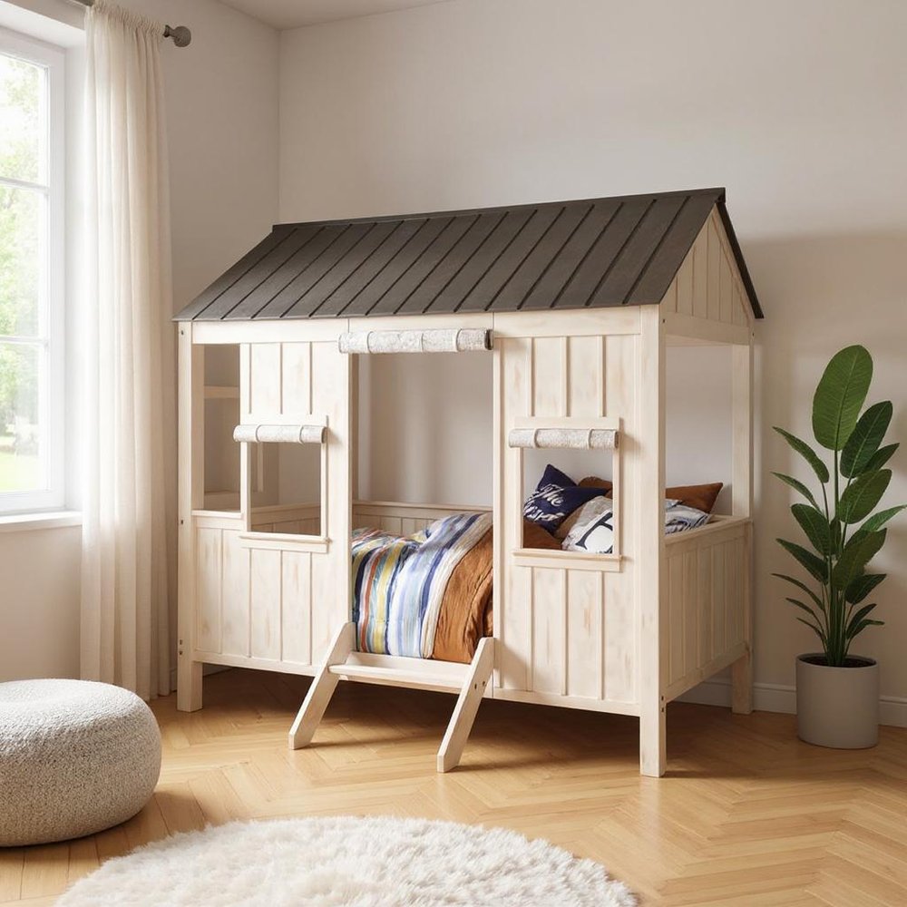 White Solid Wood Full House Bed in a home interior