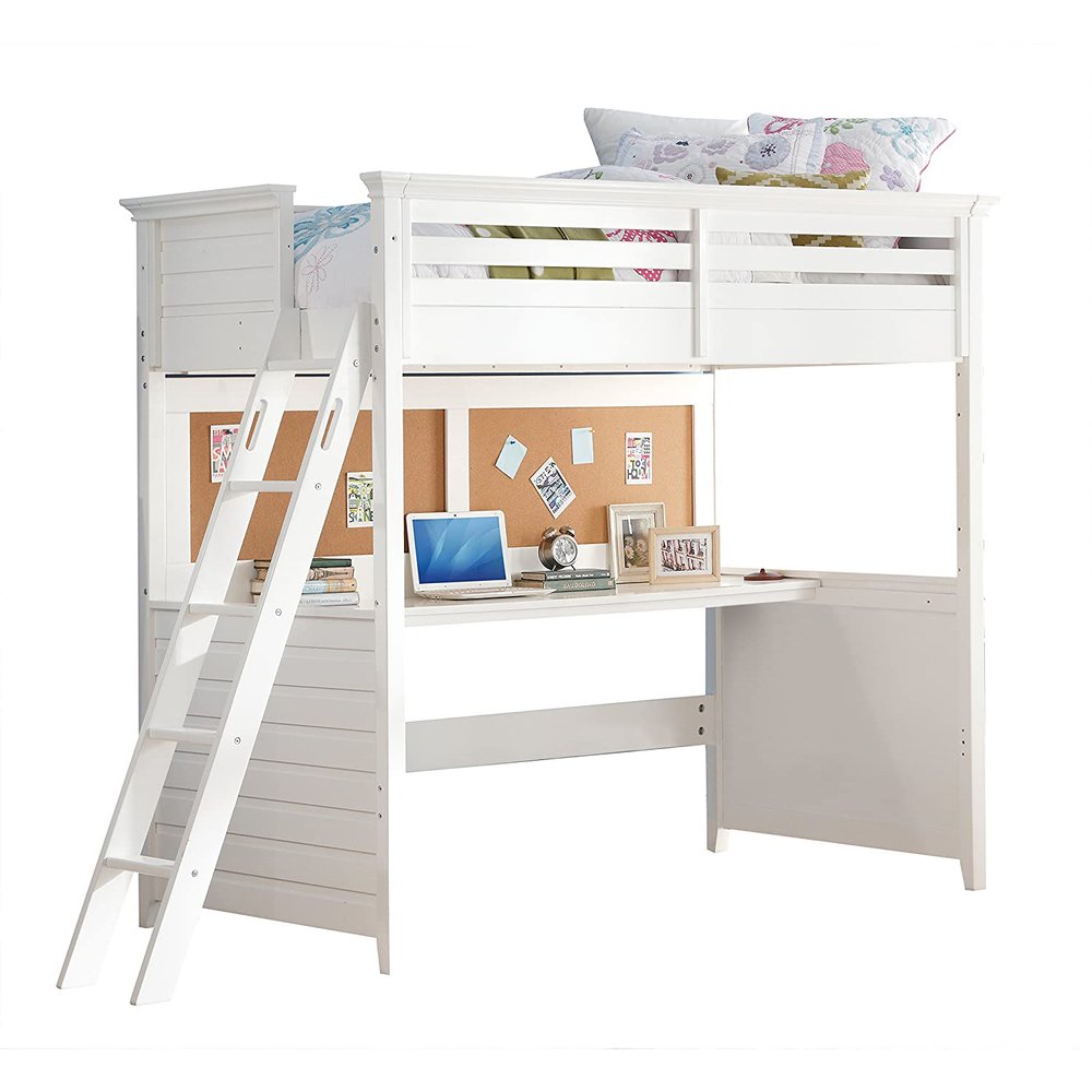 White Panel Wood Twin Loft Bed With Desk
