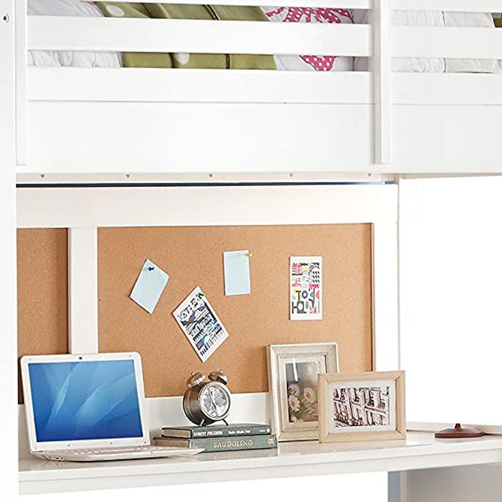 White Panel Wood Twin Loft Bed With Desk