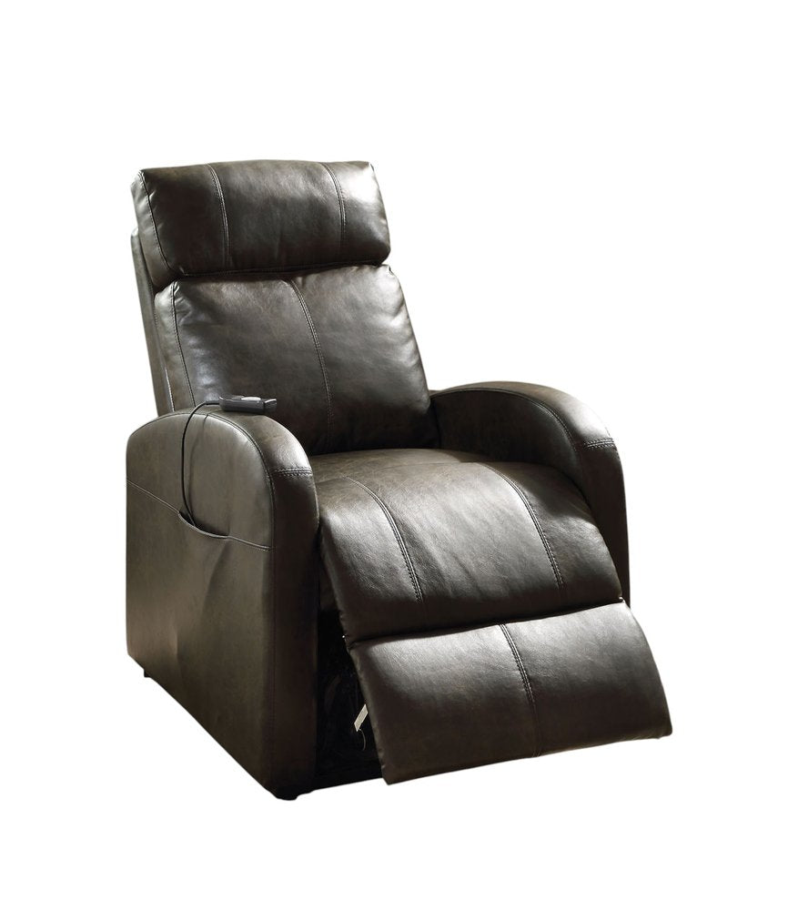 Brown faux leather power lift assist recliner with a side pocket and remote control on a white background.