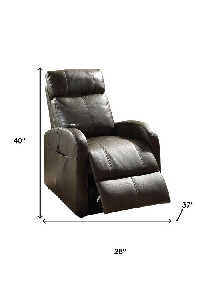28" Red Tufted Faux Leather Power Lift Assist Recliner. Recliner isolated on a plain white background, showing a faux leather surface.