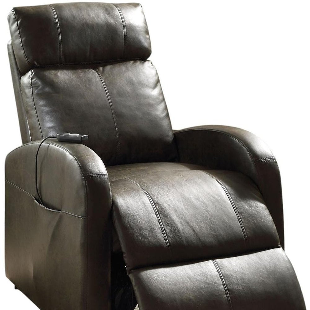 28" Red Tufted Faux Leather Power Lift Assist Recliner. Recliner isolated on a plain white background, showing a faux leather surface.