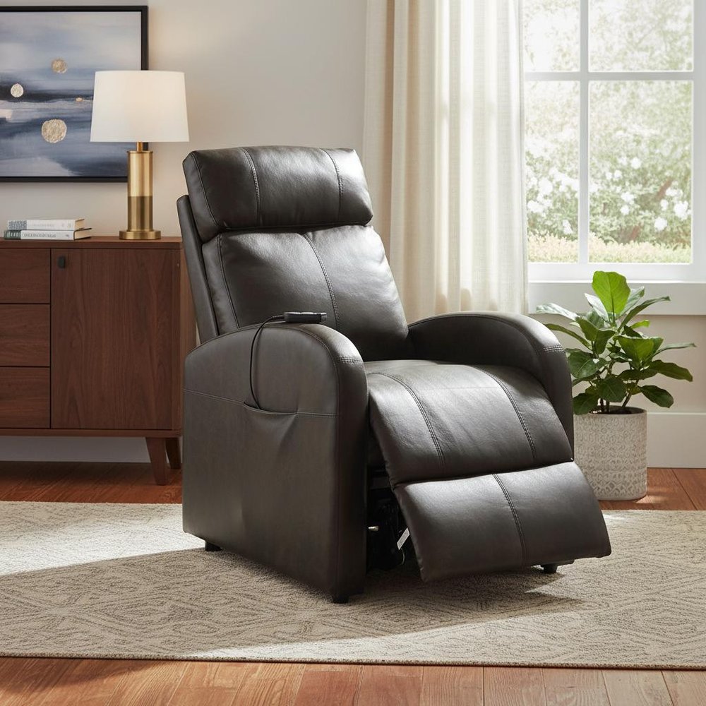 28" Red Tufted Faux Leather Power Lift Assist Recliner styled in a furnished interior with a tan wall on a wood floor.