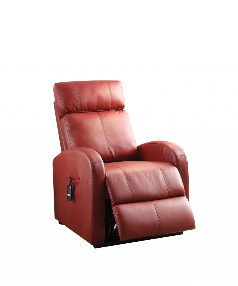 28" Red Tufted Faux Leather Power Lift Assist Recliner. Recliner isolated on a plain white background, in a red faux leather finish.
