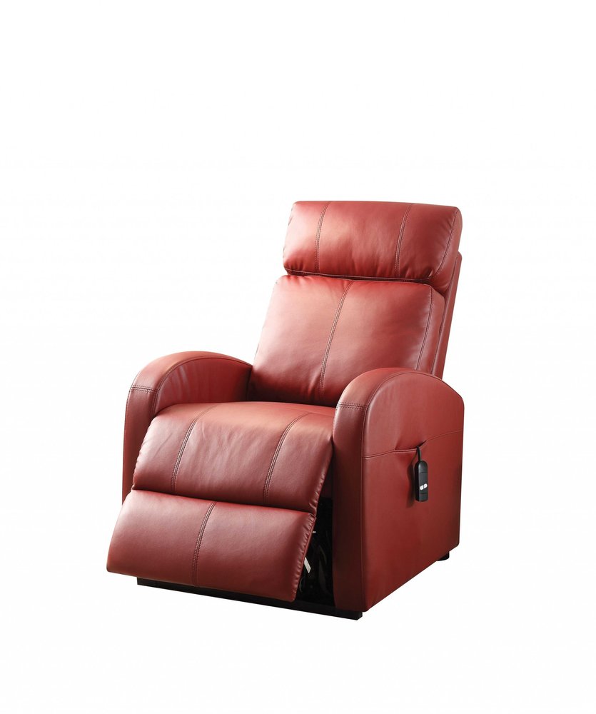 28" Red Tufted Faux Leather Power Lift Assist Recliner. Recliner isolated on a plain white background, finished in red faux leather.