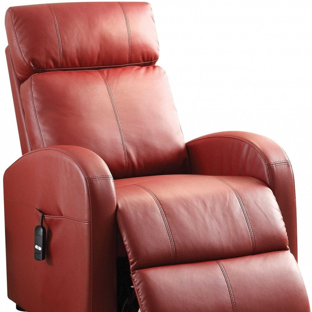 28" Red Tufted Faux Leather Power Lift Assist Recliner. Recliner in red faux leather.