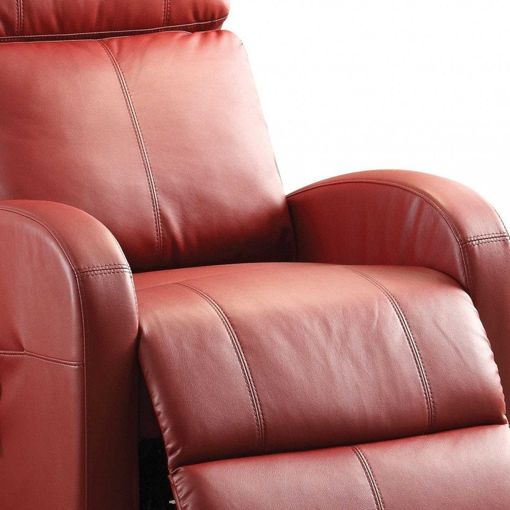 28" Red Tufted Faux Leather Power Lift Assist Recliner detail shot of the red faux leather finish.