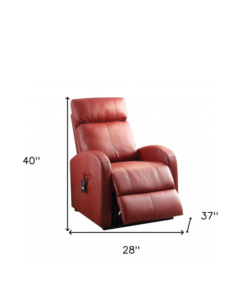28" Red Tufted Faux Leather Power Lift Assist Recliner. Recliner isolated on a plain white background, showing a red faux leather surface.