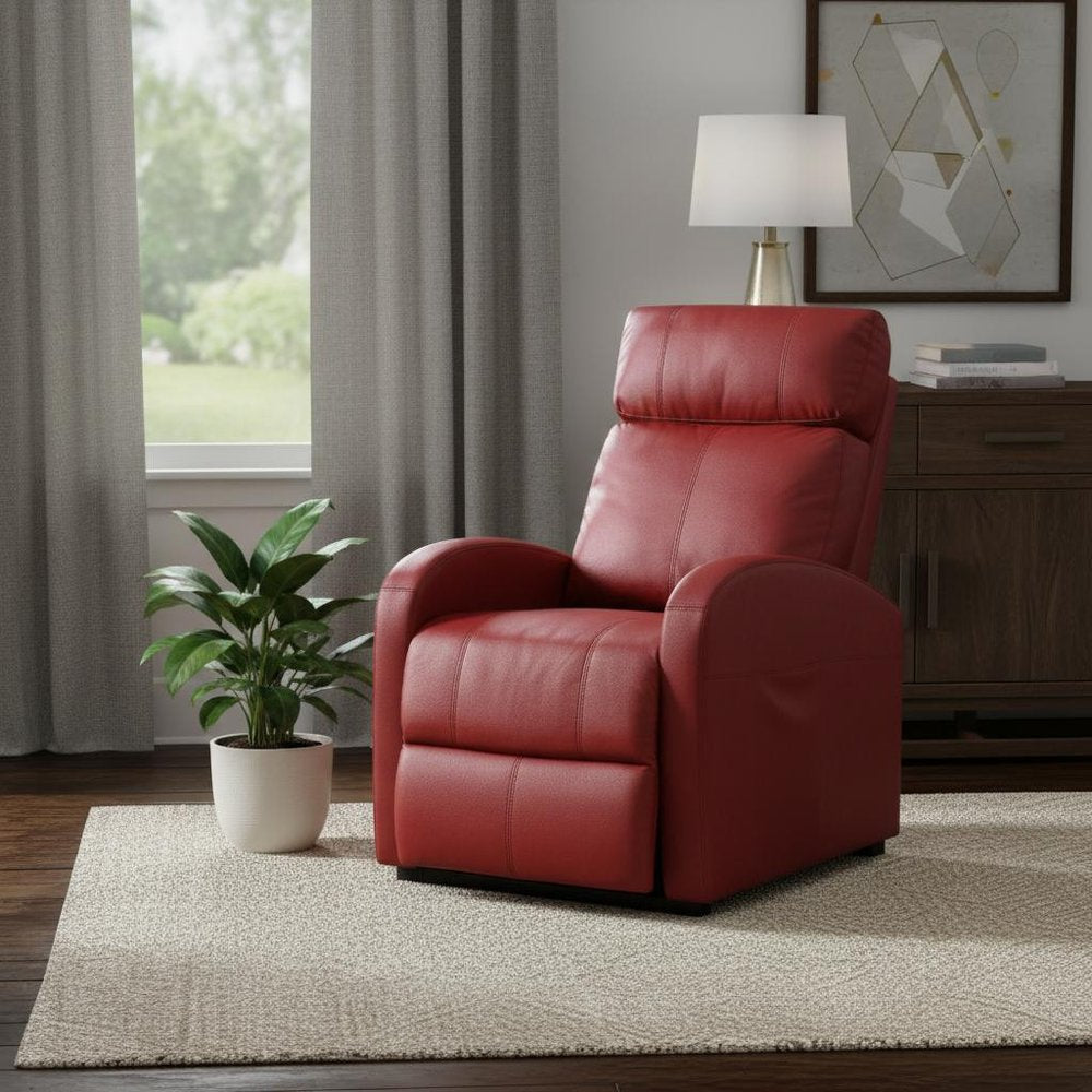 28" Red Tufted Faux Leather Power Lift Assist Recliner. Recliner in red faux leather.