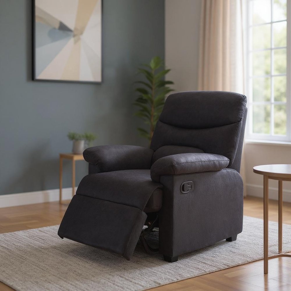35" Black Microfiber Manual Recliner styled in a furnished interior with a dark wall on a tiled floor.