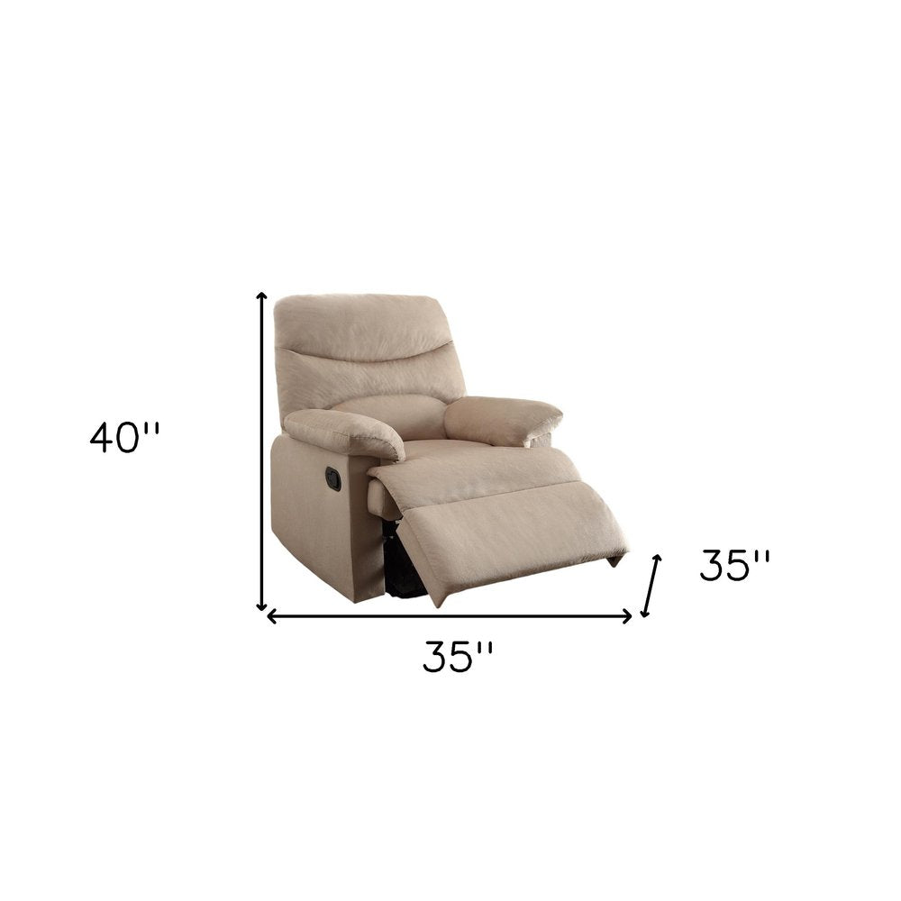 35" Light Brown Microfiber Manual Recliner. Recliner isolated on a plain white background, in a brown finish.