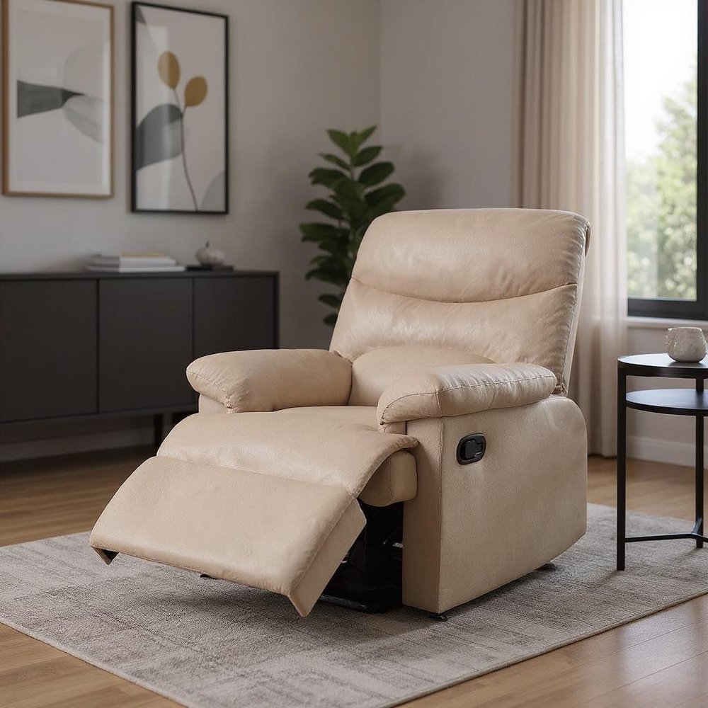 35" Light Brown Microfiber Manual Recliner styled in a furnished interior with a gray wall on a tiled floor.