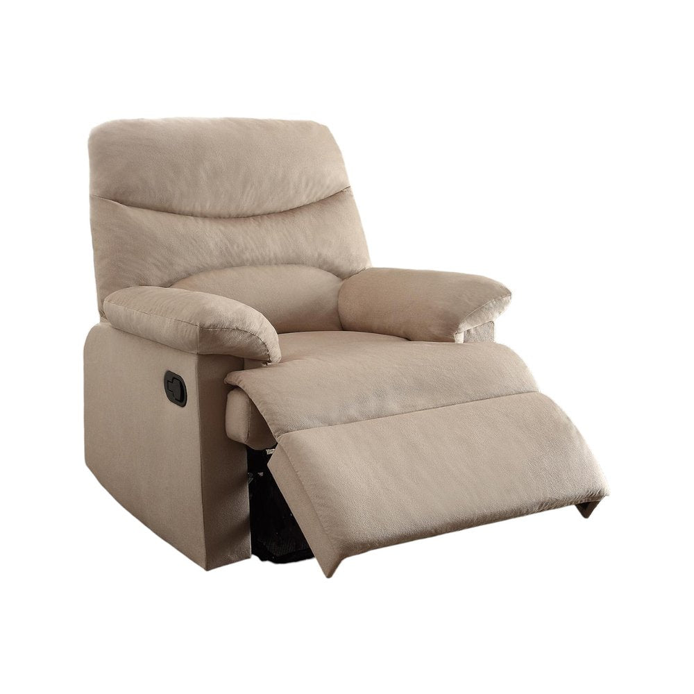 Light brown microfiber manual recliner chair with extended footrest against a white background.