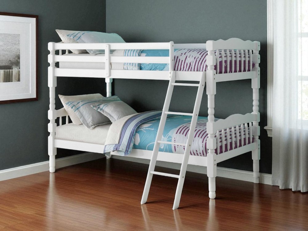 White twin over twin bunk bed with a ladder, set against a dark gray wall and wooden floor.