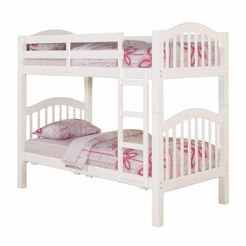 White twin over twin bunk bed with arched headboards and slatted sides, featuring pink and purple floral bedding.