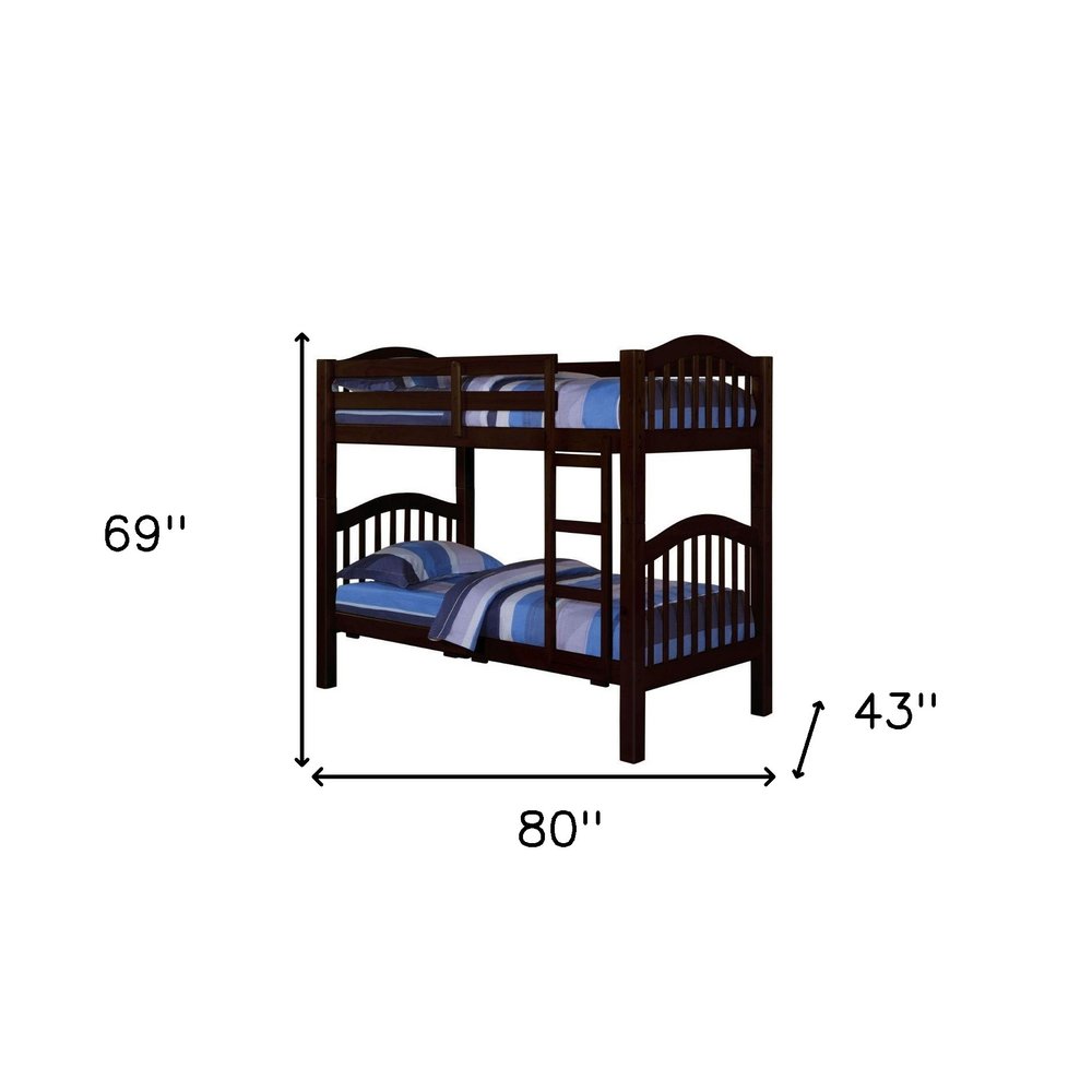 Espresso twin over twin bunk bed with dimensions 69" H x 80" W x 43" D.