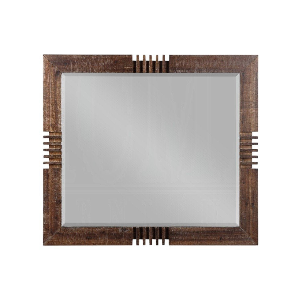 Rectangular mirror with a reclaimed oak finish and a textured wooden frame with a geometric design.