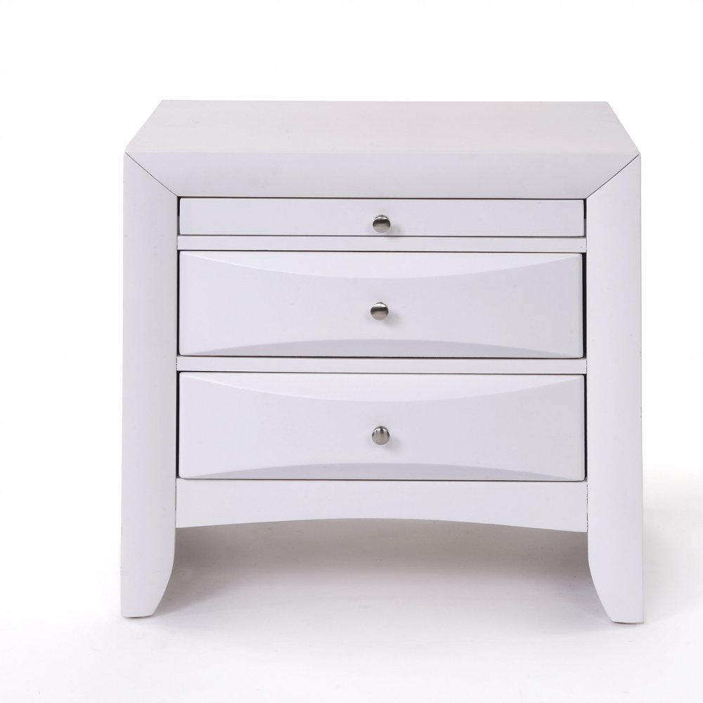Elegant White 3 Drawer Nightstand on a white background