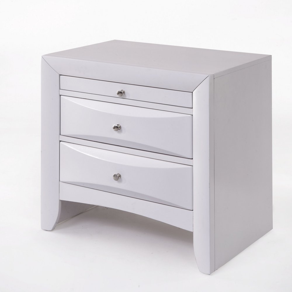 Elegant White 3 Drawer Nightstand on a white background