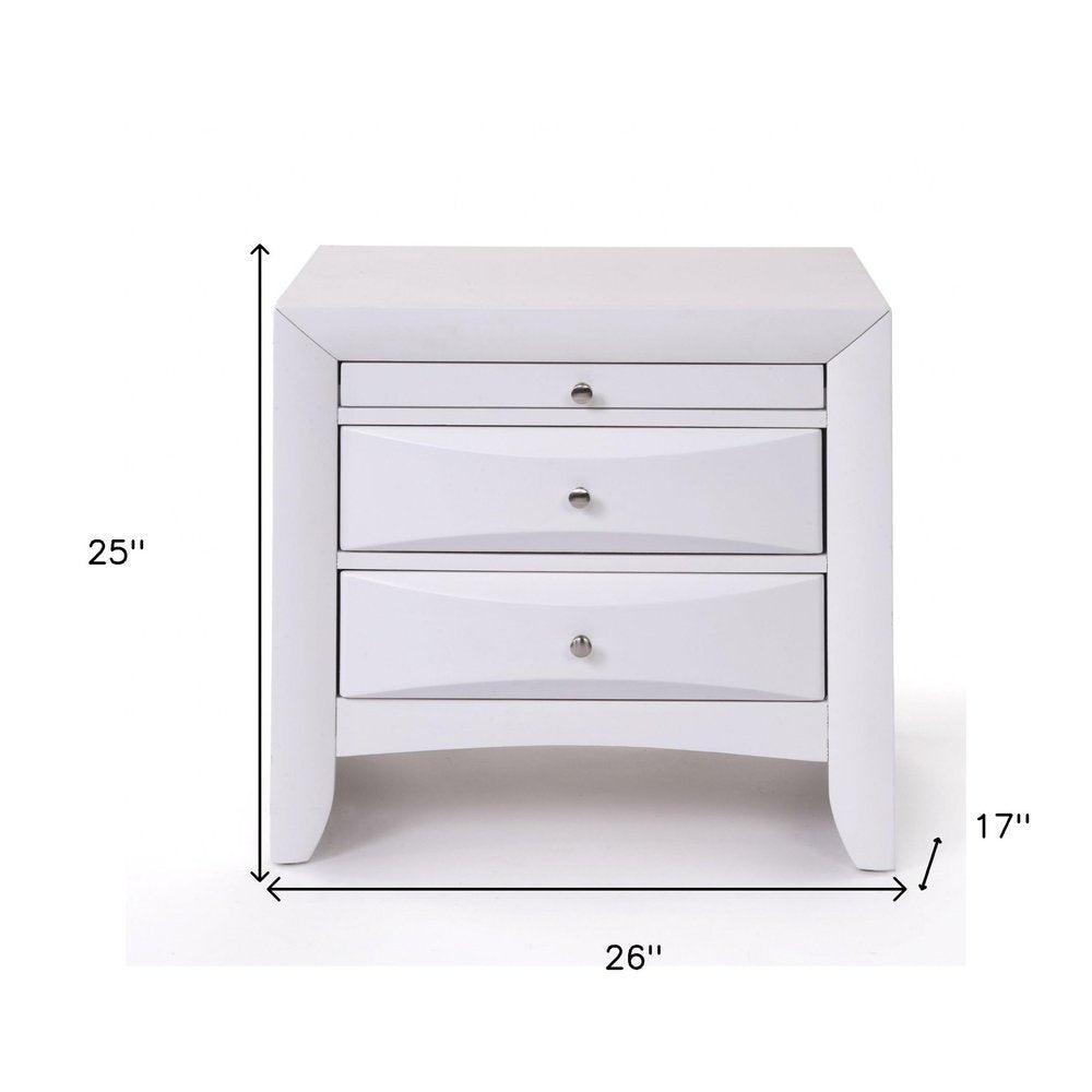 Elegant White 3 Drawer Nightstand on a white background