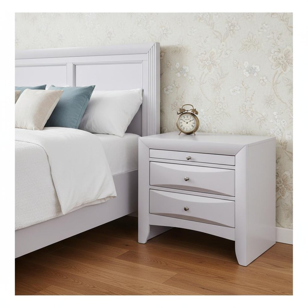 Elegant White 3 Drawer Nightstand on a white background