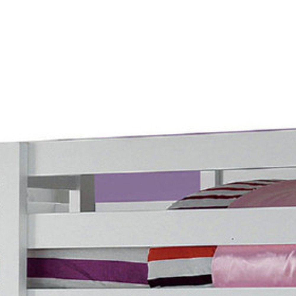 66" White Five Tier Standard Bookcase With Five Drawers. Loft bed in white.