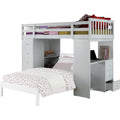 66" White Five Tier Standard Bookcase With Five Drawers. Loft bed isolated on a plain white background, in a white finish.