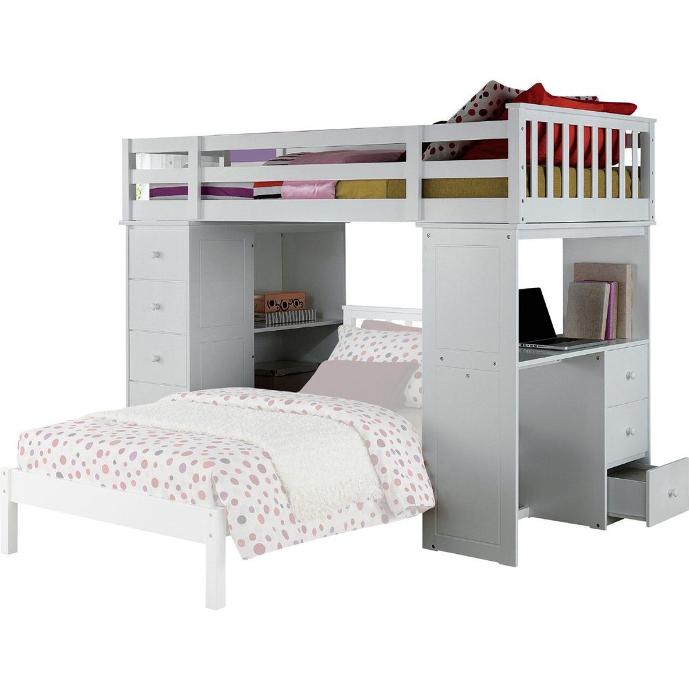 66" White Five Tier Standard Bookcase With Five Drawers. Loft bed isolated on a plain white background, in a white finish.