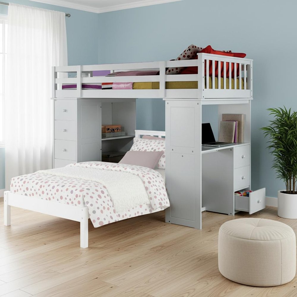 66" White Five Tier Standard Bookcase With Five Drawers.