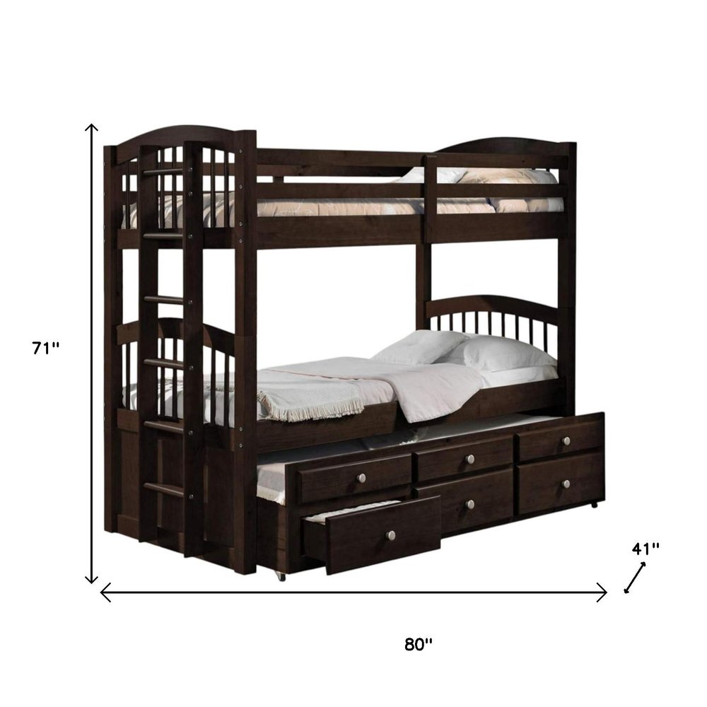 Espresso Twin Over Twin Solid Wood Bunk Bed With Trundle And Storage on a white background