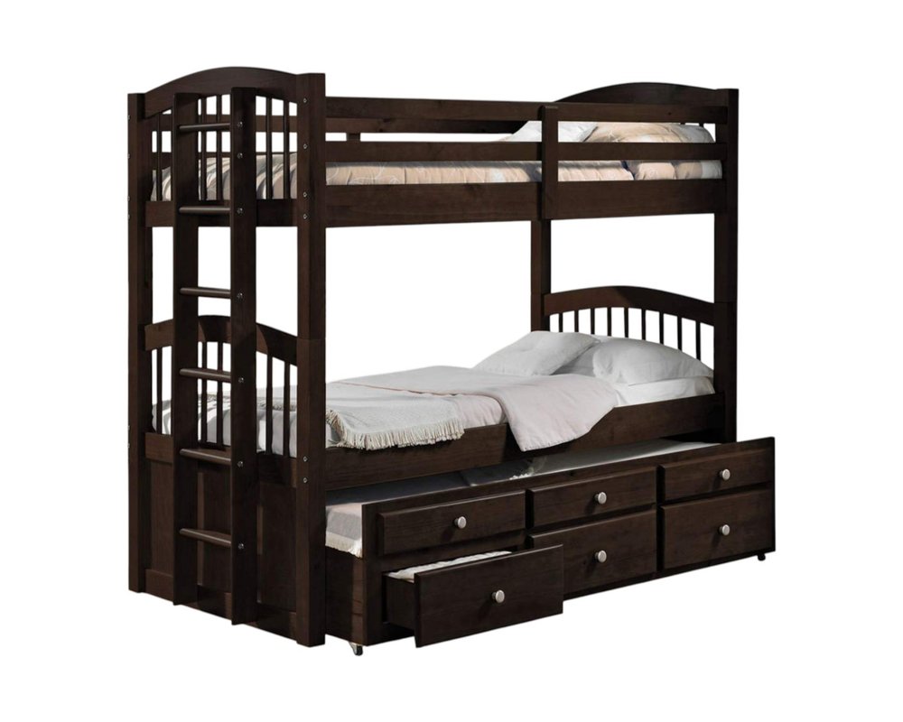Espresso Twin Over Twin Solid Wood Bunk Bed With Trundle And Storage on a white background