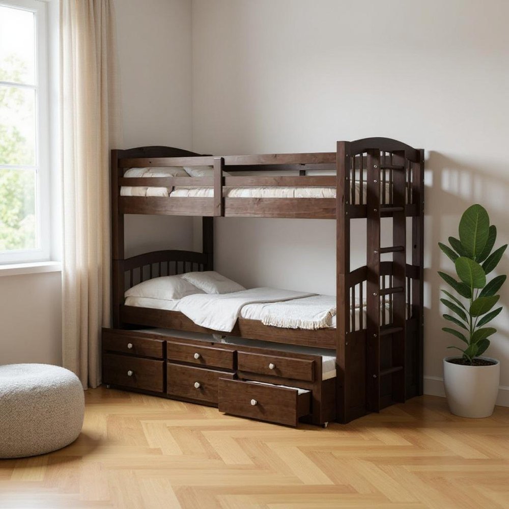 Espresso Twin Over Twin Solid Wood Bunk Bed With Trundle And Storage in a home interior