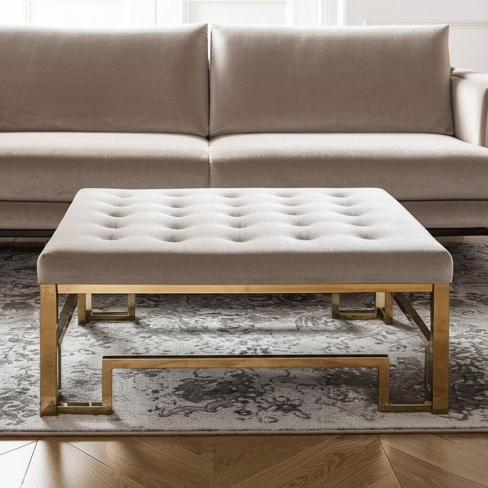 36" Champagne Polyester Tufted Cocktail Ottoman. Ottoman in mahogany fabric.