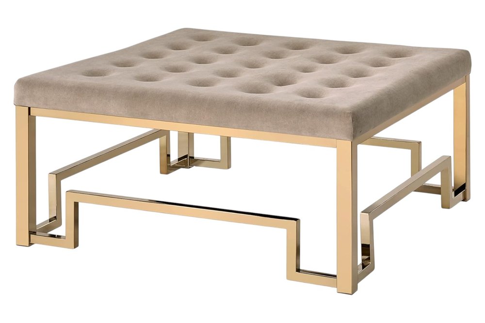 36" Champagne Polyester Tufted Cocktail Ottoman. Ottoman isolated on a plain white background, in a tan fabric finish.