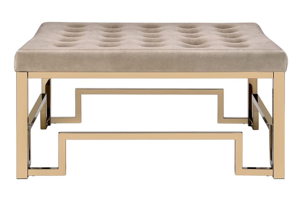 36" Champagne Polyester Tufted Cocktail Ottoman. Ottoman isolated on a plain white background, finished in tan fabric.