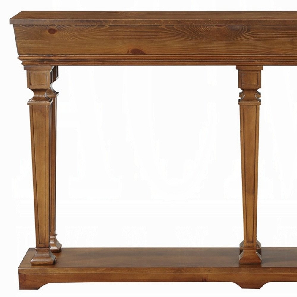 72" Oak Wood Floor Shelf Console Table With Shelf on a white background