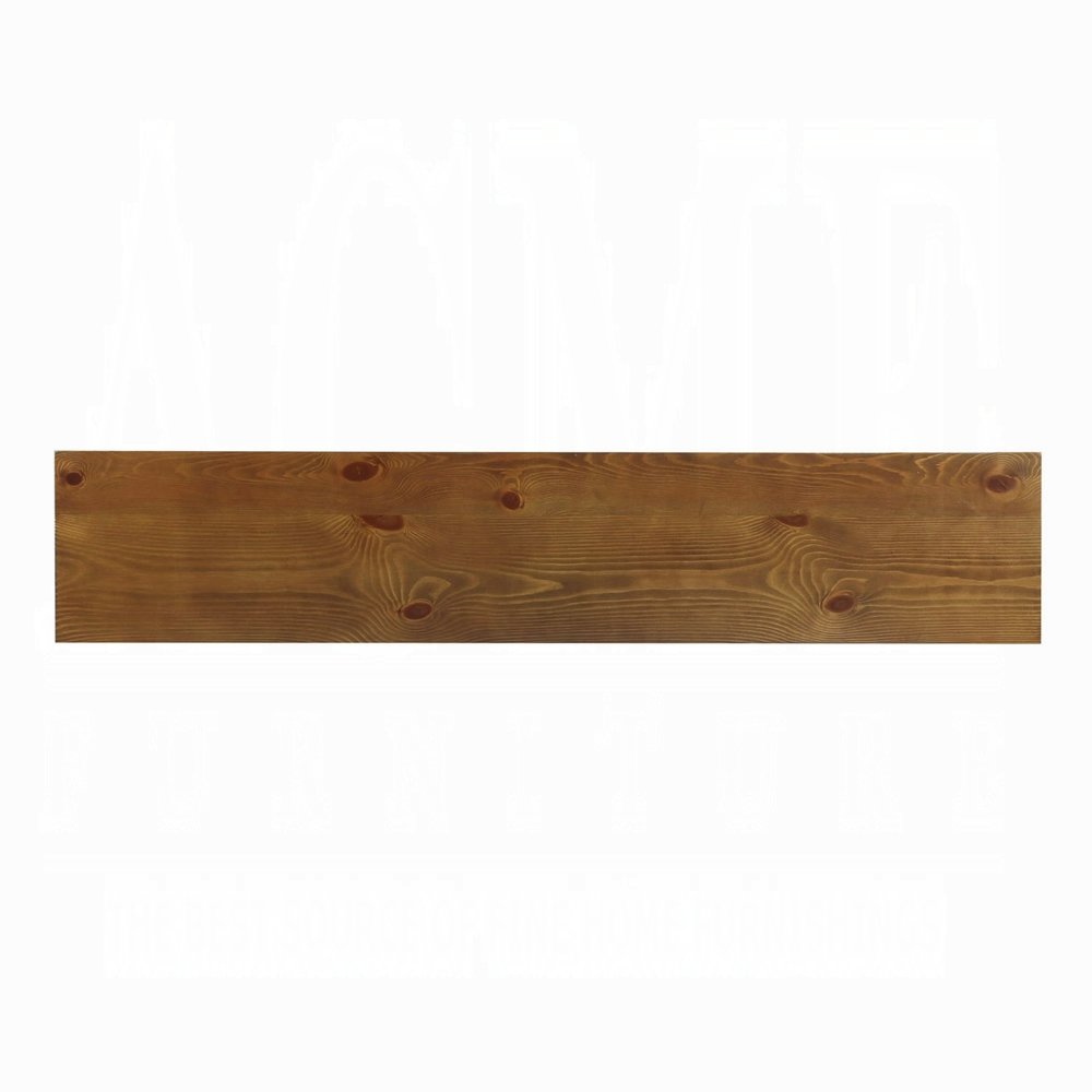 A long, narrow wooden shelf with visible knots and wood grain, stained a warm brown, against a white background.