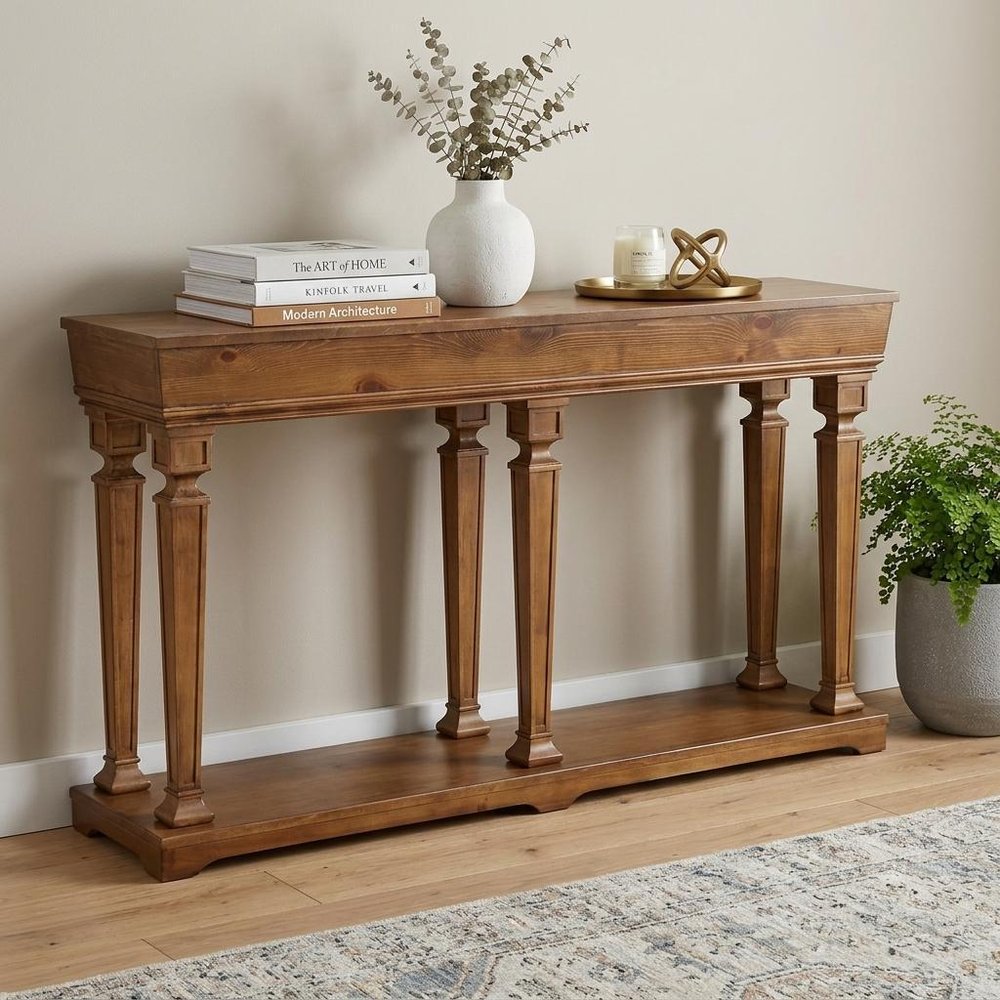 72" Oak Wood Floor Shelf Console Table With Shelf in a home interior