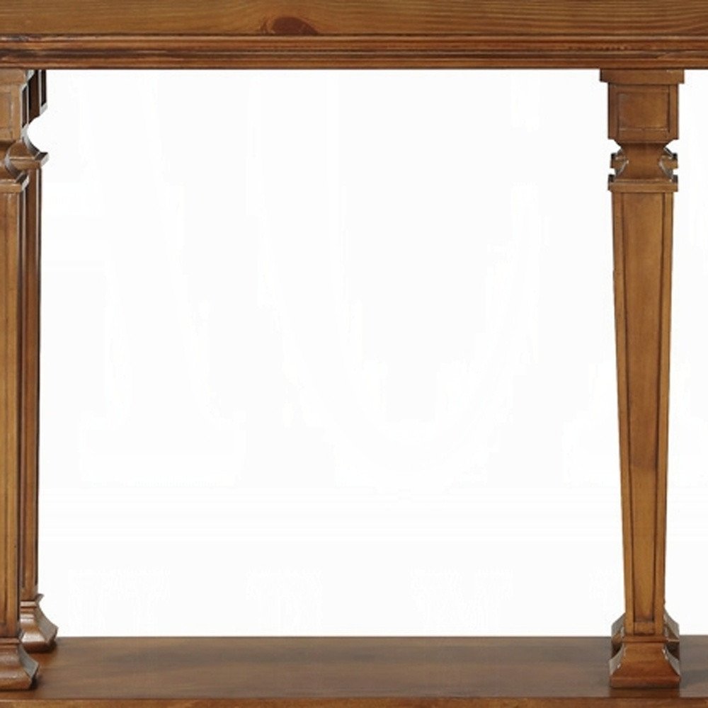 72" Oak Wood Floor Shelf Console Table With Shelf on a white background